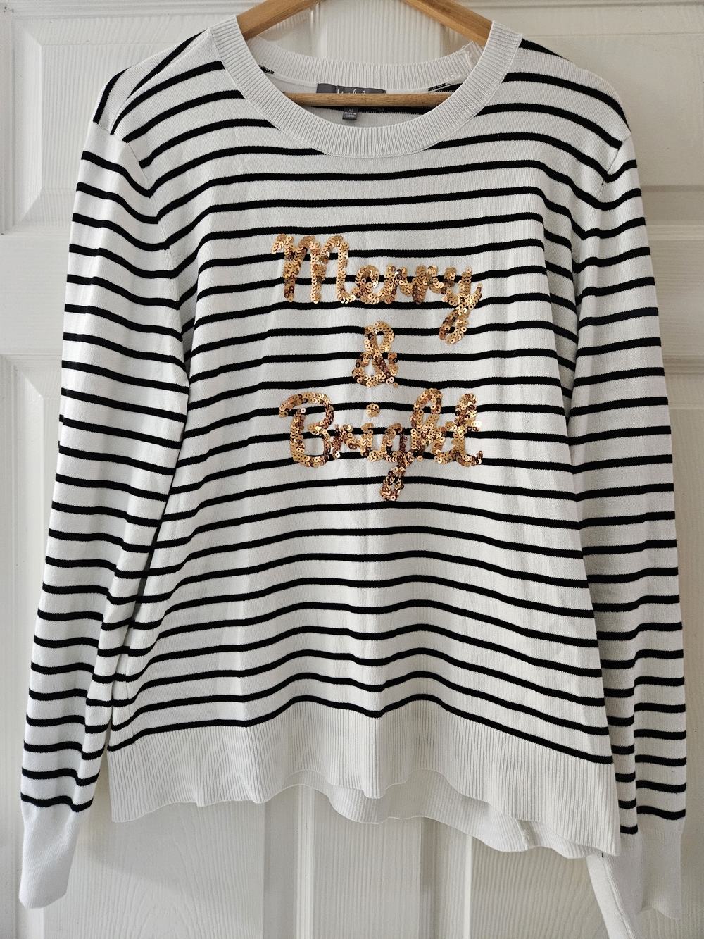 Striped Crewneck Sweater with Gold Sequin Script Merry & Bright - White/Black